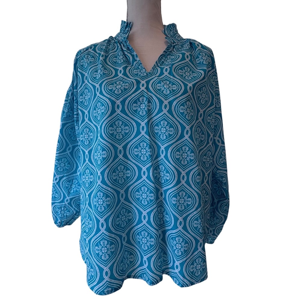 Marigold by Victoria Dunn Turquoise White Medallion Cotton Ruffle Blouse Large